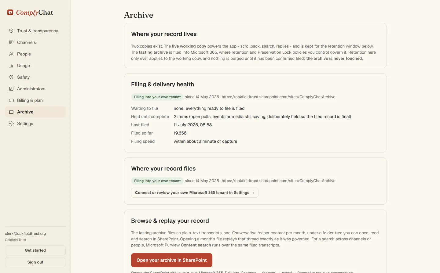 The Archive pane of the ComplyChat client portal, showing the connected SharePoint site, the archive folder and current filing health for a fictional organisation, Oakfield Trust.