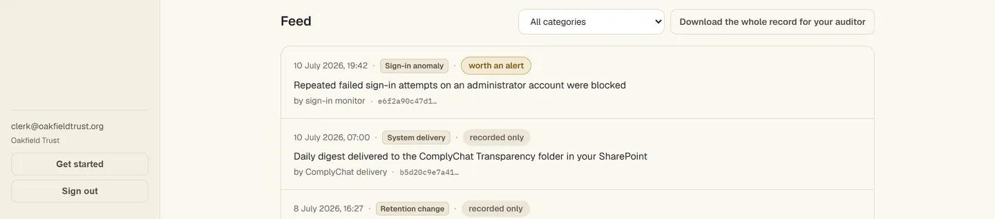 The Trust and transparency pane of the ComplyChat client portal, listing content-free access events with the chain fingerprint beneath them.