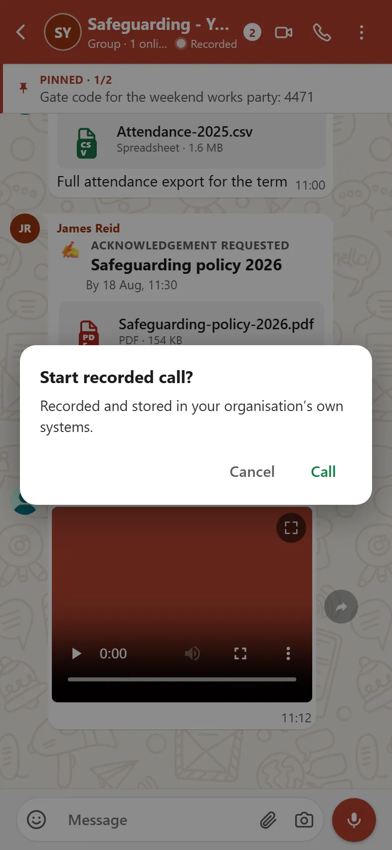 The consent dialog shown before a recorded call connects, stating the call will be recorded and stored in the organisation's own systems.