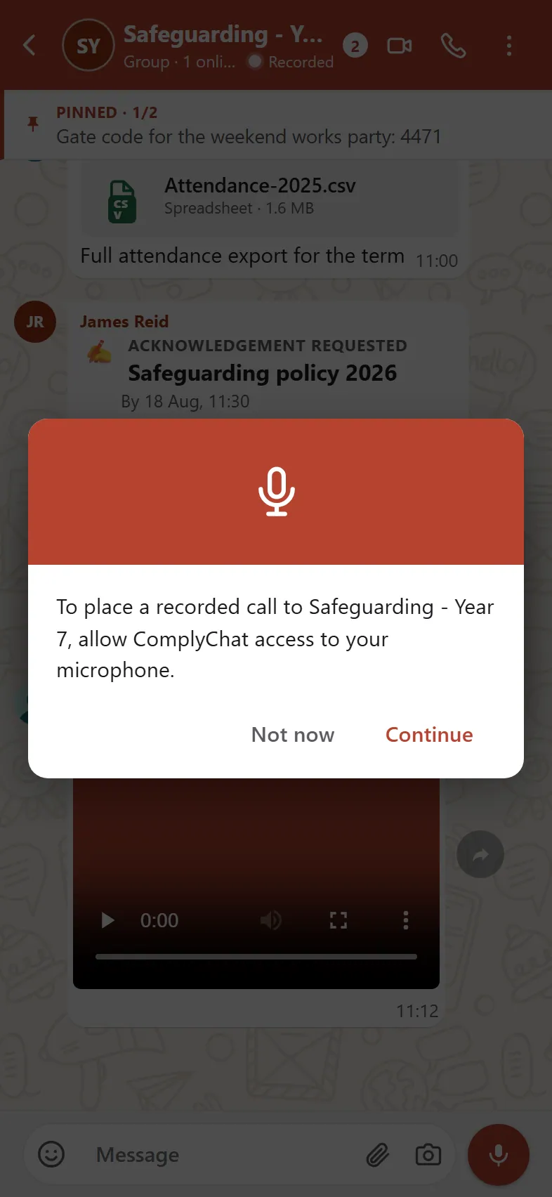 The screen shown before the device's microphone permission prompt, explaining why access is needed to place a recorded call.