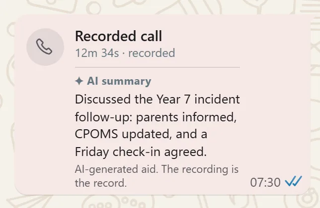 A recorded-call card in a ComplyChat conversation, showing the call duration with a labelled written summary beneath it.