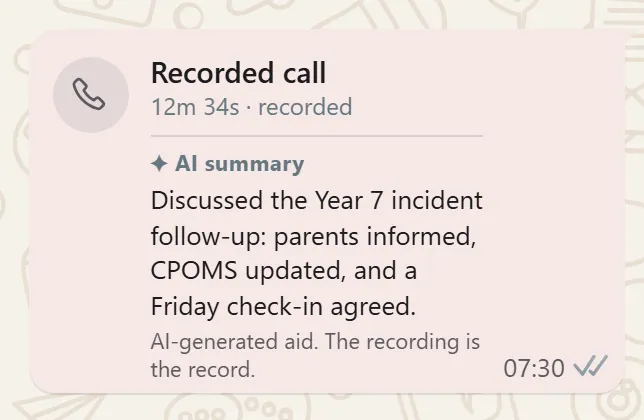 A recorded-call card in a ComplyChat conversation, showing the call duration with a labelled written summary beneath it.